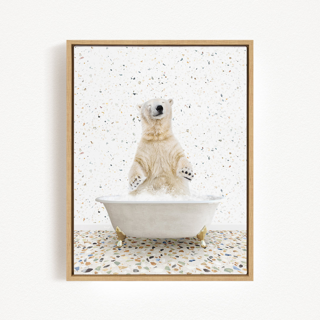 A polar bear standing in a bathtub filled with water, surrounded by a speckled background.