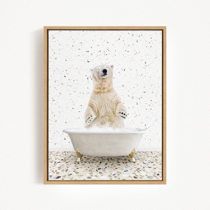 A polar bear standing in a bathtub filled with water, surrounded by a speckled background.