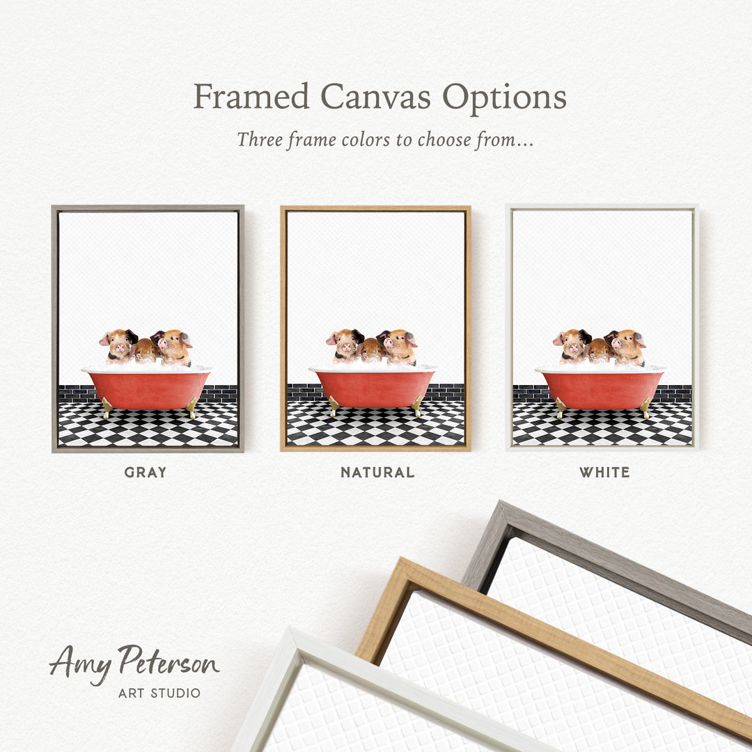 three framed canvas options, each featuring a different color: gray, natural, and white. The canvas options are presented in a collage format, with each option accompanied by a small image of a bathtub containing two dogs.