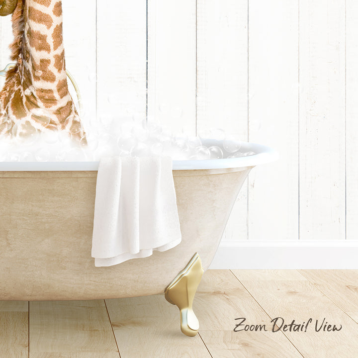 A giraffe standing in a bathtub filled with water, with a towel hanging on the side of the tub.