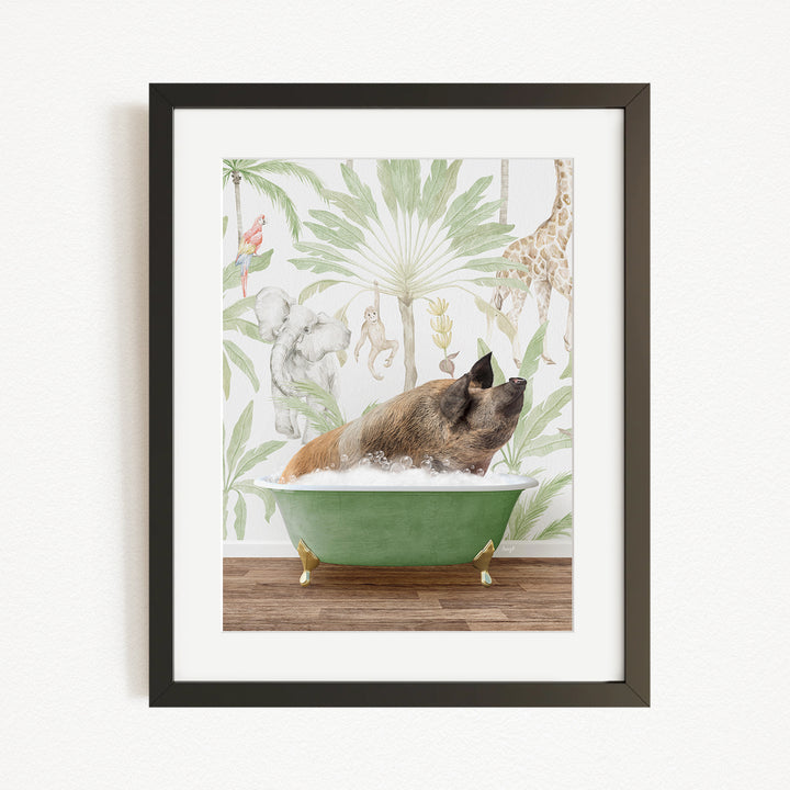 A framed illustration depicting a pig sitting in a green bathtub, surrounded by various animals and plants, creating a whimsical and playful scene.
