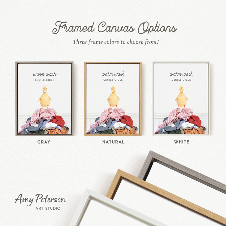 three framed canvas options, each with a different color frame, and a picture of a duck on top of a pile of clothes.