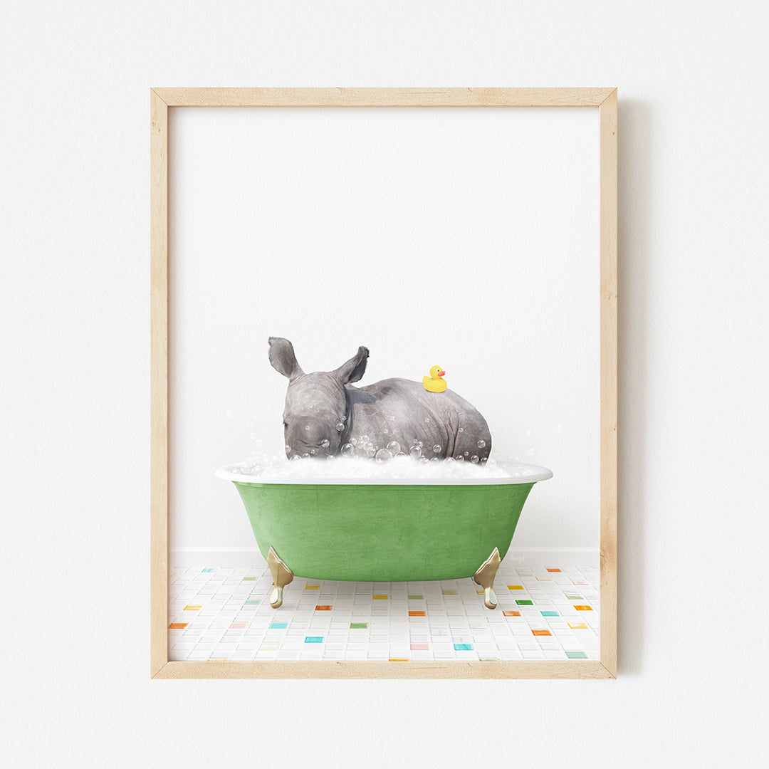 a picture of a rhino taking a bath in a green bathtub