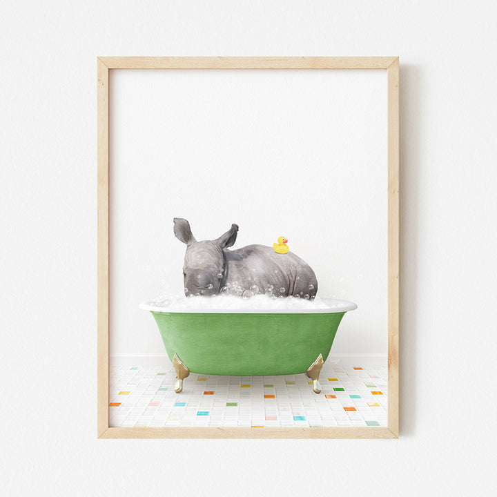 a picture of a rhino taking a bath in a green bathtub