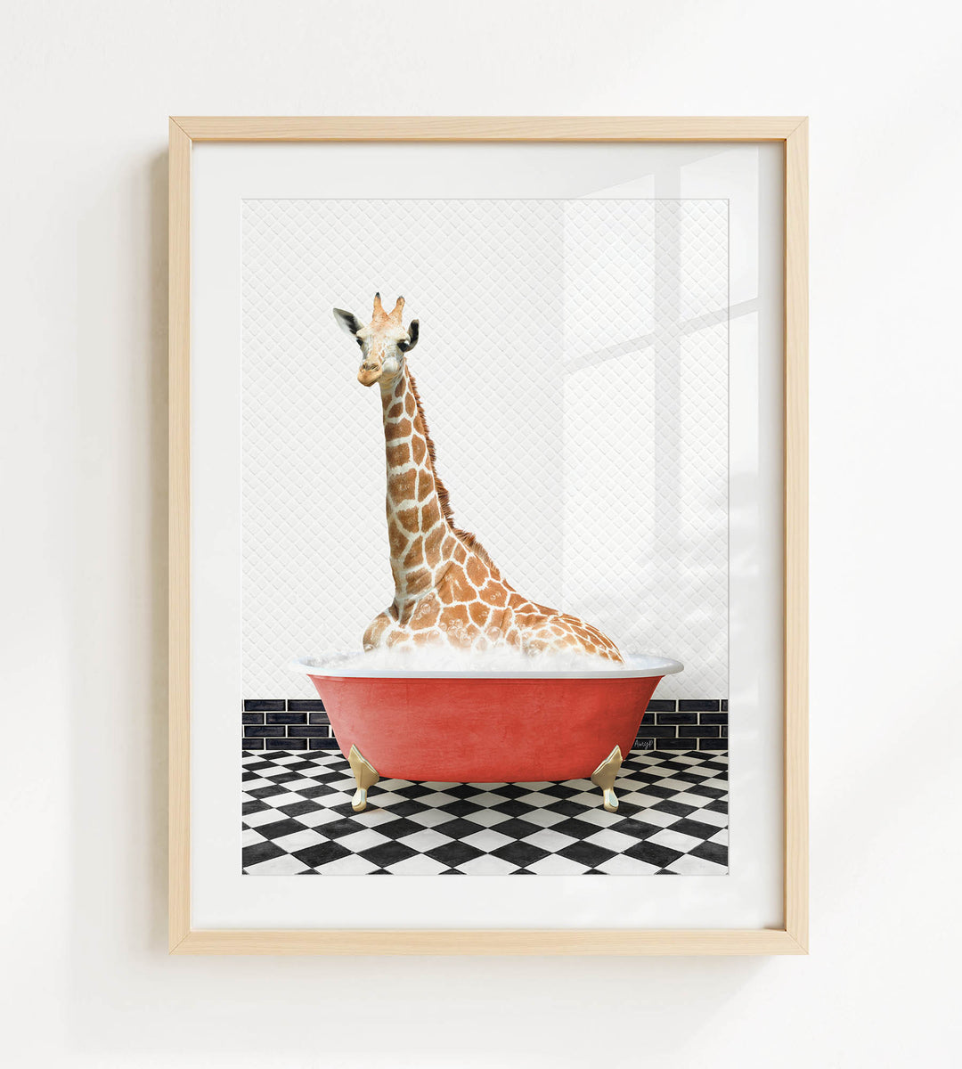 A giraffe sitting in a red bathtub on a black and white checkered floor.