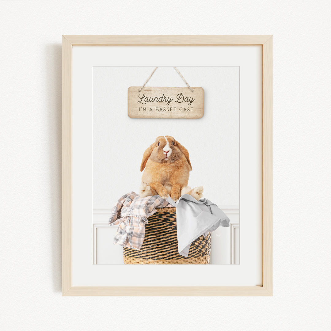 A framed image of a rabbit sitting in a basket filled with clothes, with a wooden sign above it that says "Laundry Day I'm a basket case".