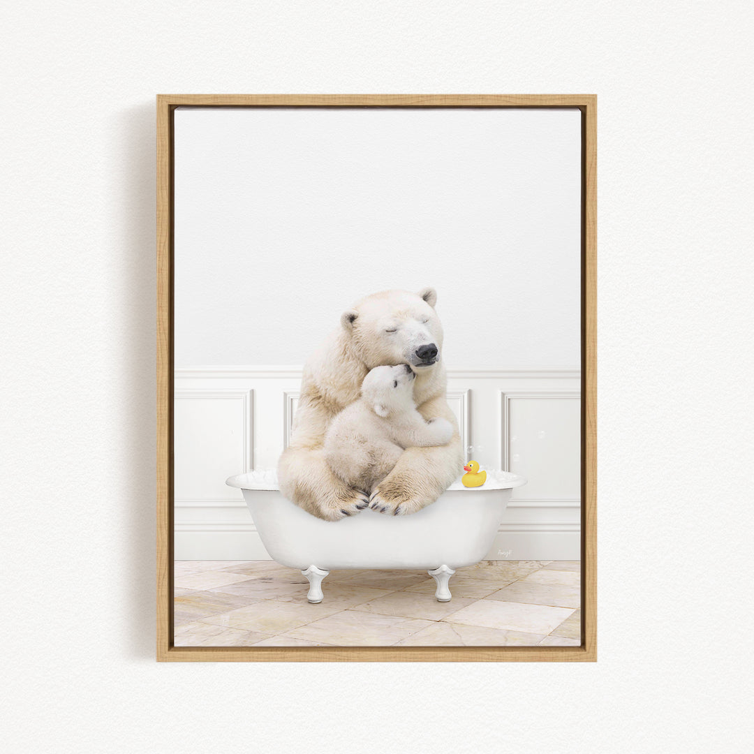 A mother polar bear and her cub cuddling in a bathtub, with a rubber duck floating in the water.