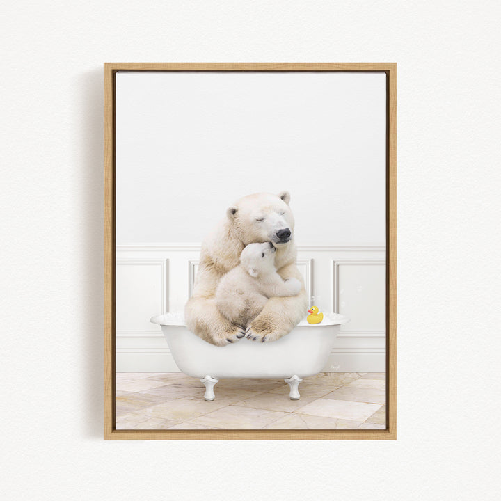 A mother polar bear and her cub cuddling in a bathtub, with a rubber duck floating in the water.
