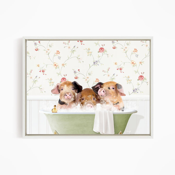 Three adorable pigs sitting in a green bathtub, enjoying a bubble bath.