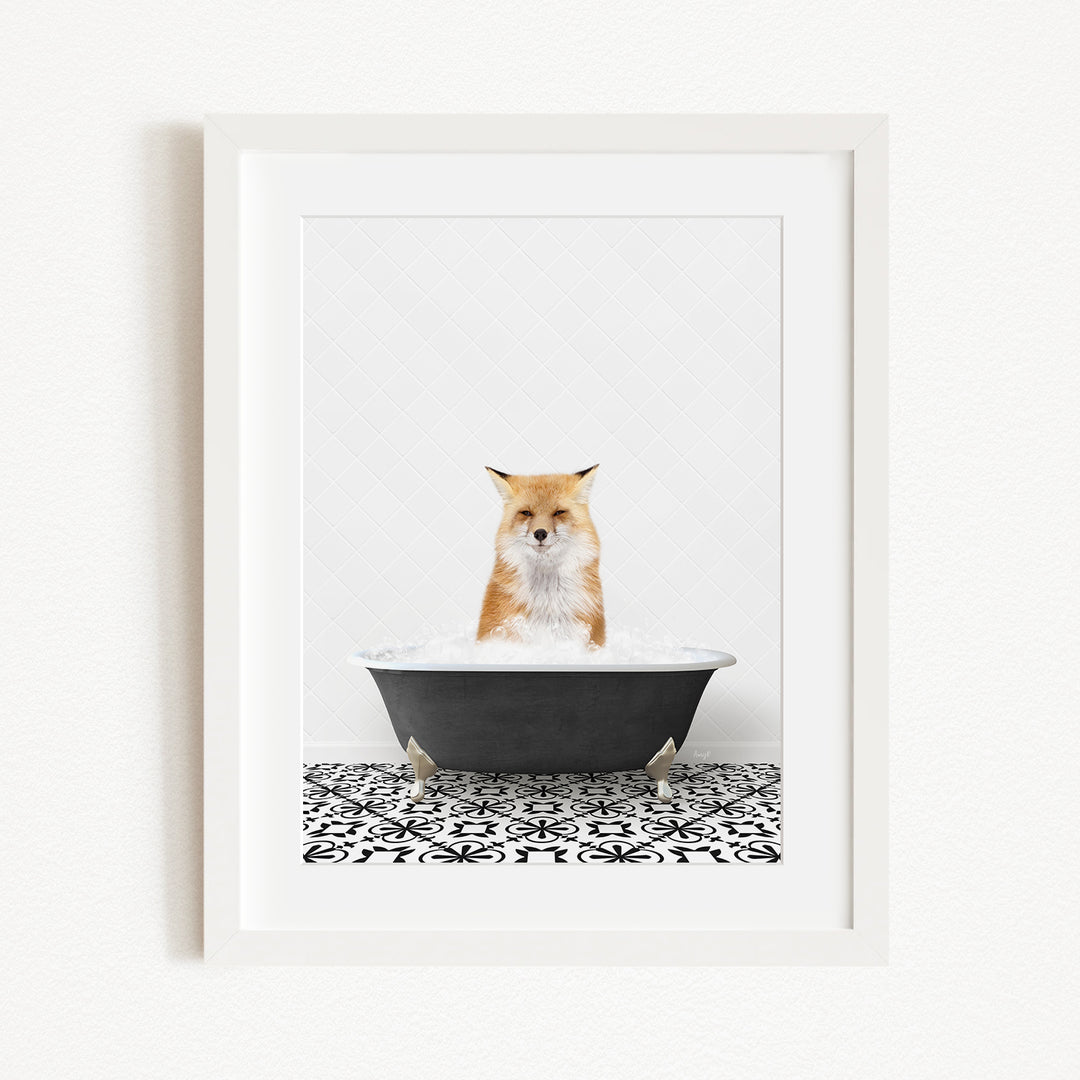 A red fox is sitting in a black bathtub filled with water, with a black and white patterned tile floor beneath it.