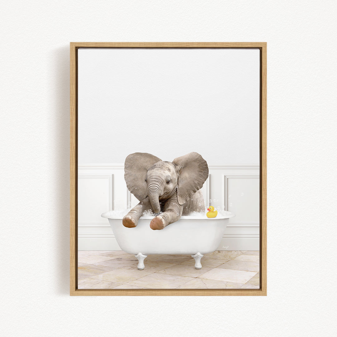 A baby elephant sitting in a bathtub, with a rubber duck floating nearby.