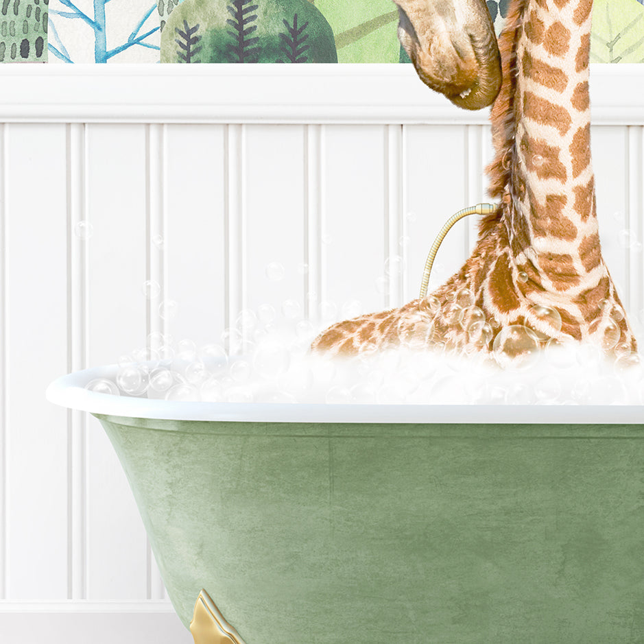 a baby giraffe in a bath tub with foam