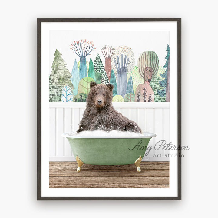 a brown bear sitting in a green bath tub