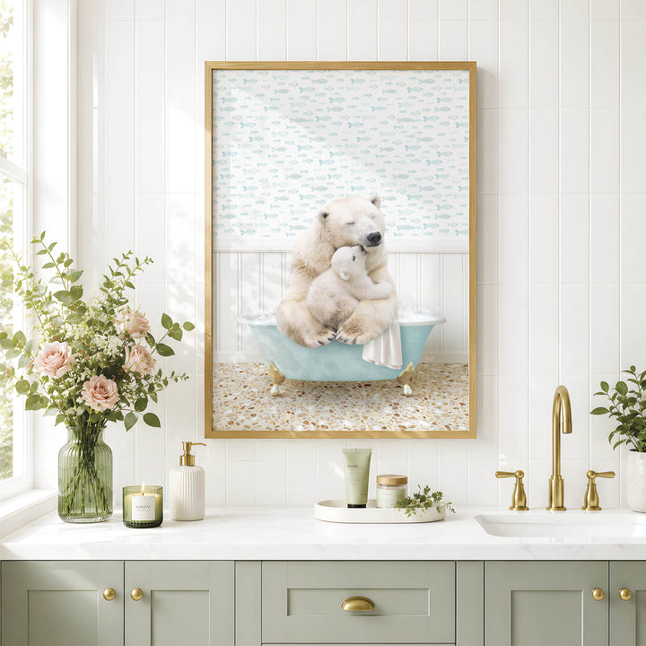 A framed image of a polar bear sitting in a bathtub, surrounded by a floral arrangement, candles, and a green vase on a white countertop.
