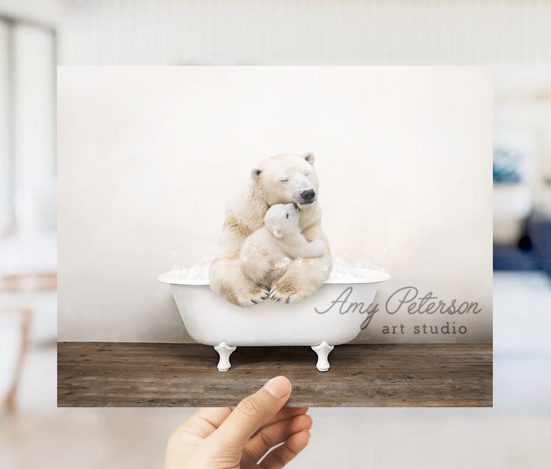 a person holding a polar bear in a bathtub