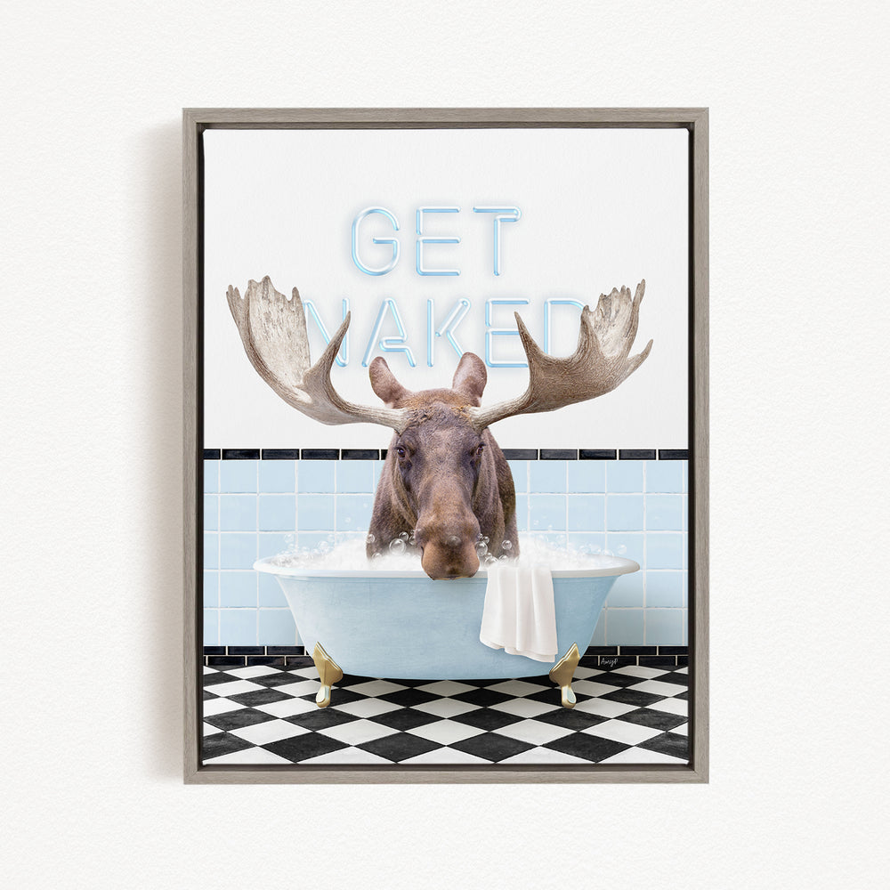A moose is sitting in a bathtub with its large antlers, surrounded by a checkered floor and a sign that says "GET MAKED".