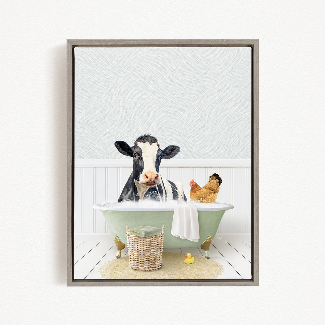 A black and white cow is sitting in a green bathtub, surrounded by a chicken and a rubber duck, creating a whimsical and playful scene.