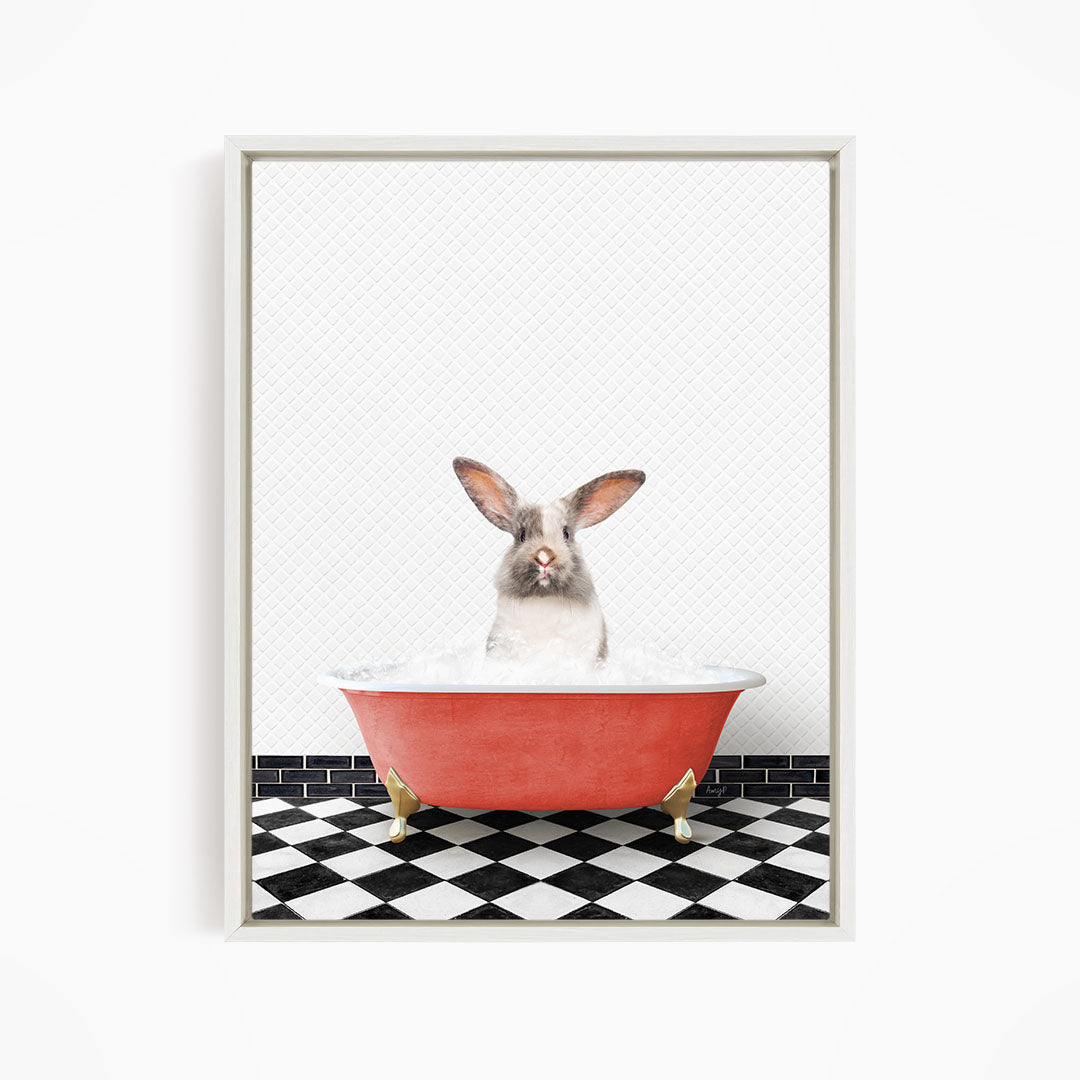 A white rabbit sitting in a red bathtub filled with water, with a black and white checkered floor in the background.
