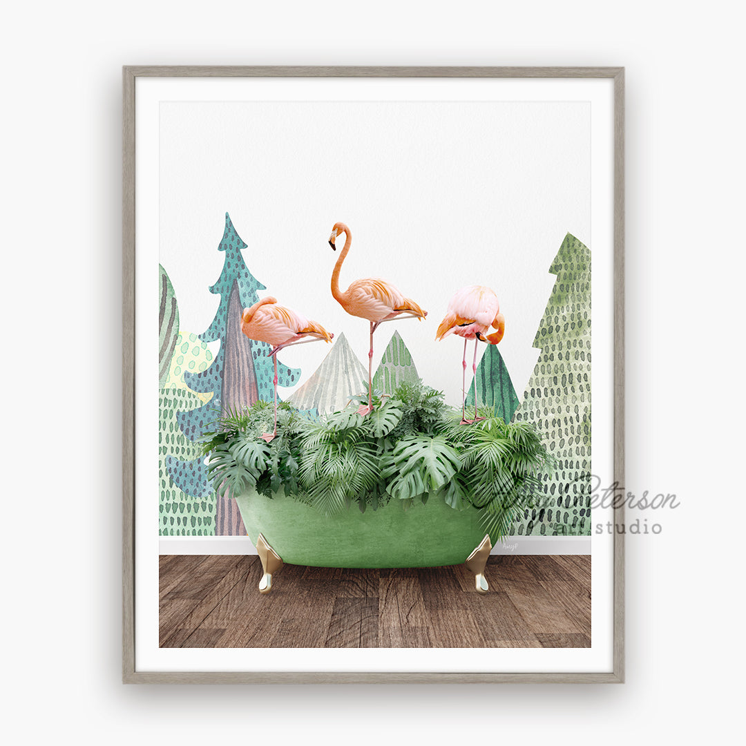 a painting of three flamingos in a bathtub