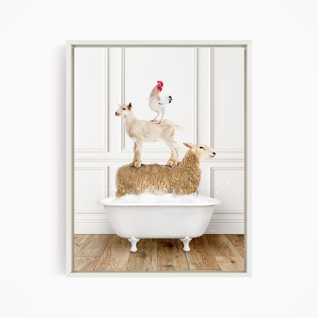 A white bathtub filled with water, with a goat standing on top of it and a chicken perched on its back.