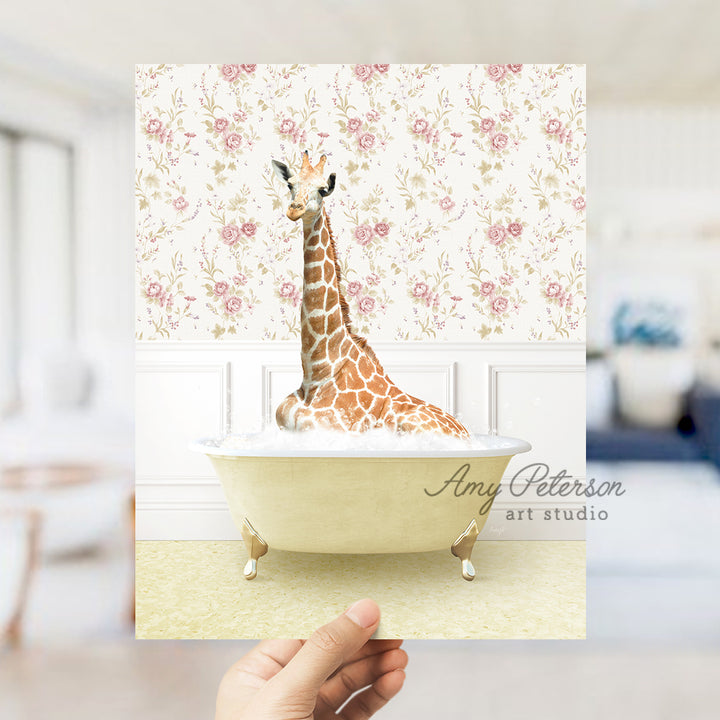 a giraffe is sitting in a bath tub