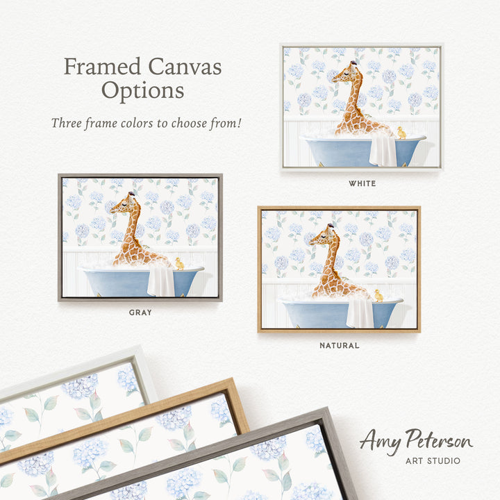 The image is a framed canvas with three different options for the color of the frame: white, gray, and natural. The canvas depicts a giraffe sitting in a bathtub, surrounded by flowers.