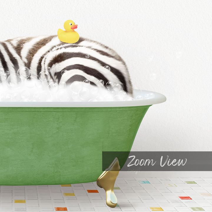 A zebra lying in a green bathtub with bubbles, accompanied by a rubber duck.