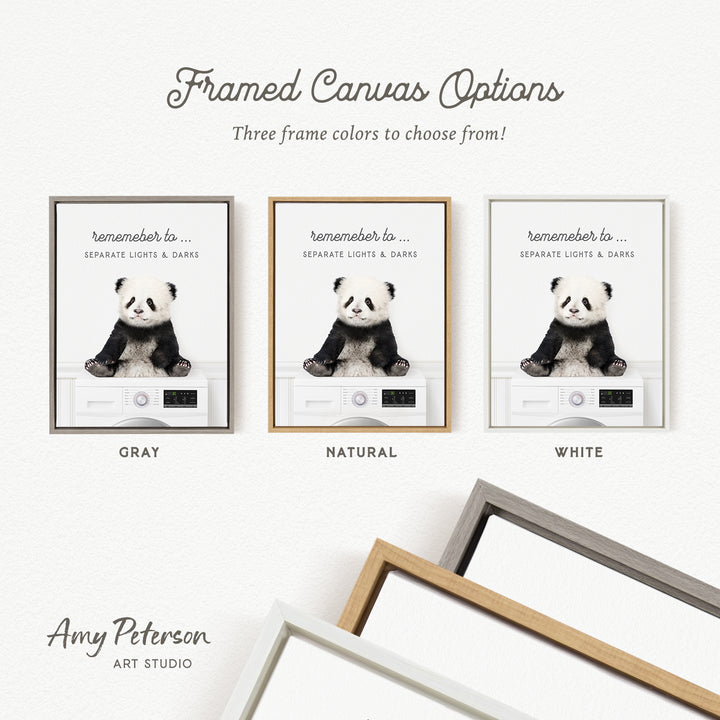 three framed canvas options, each featuring a panda bear in a different color: gray, natural, and white.