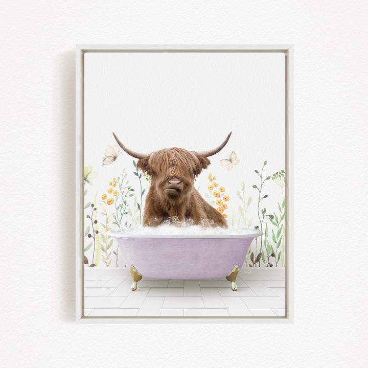 A Highland cow is sitting in a bathtub filled with water, surrounded by flowers and butterflies.