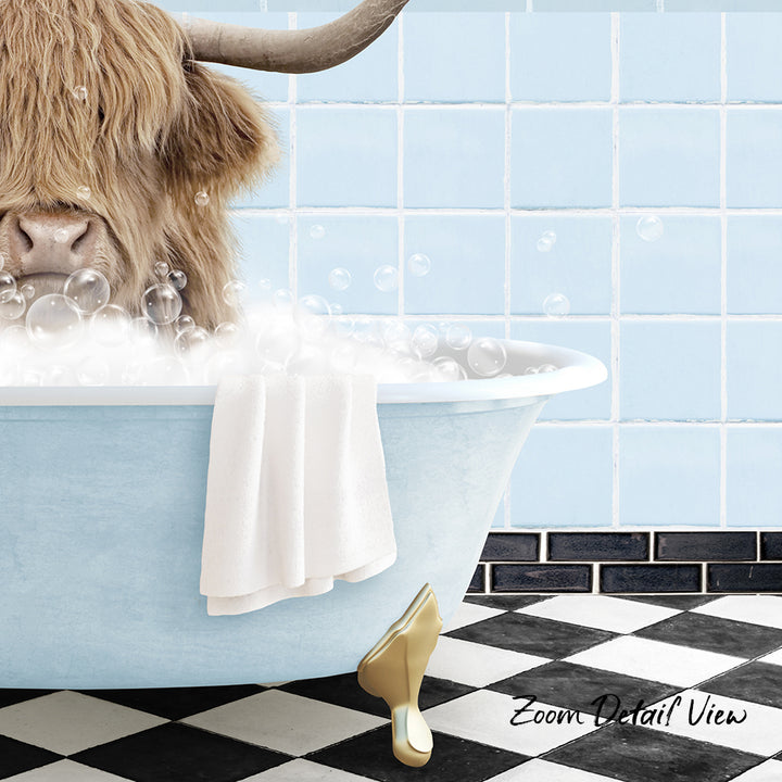 A large, shaggy-haired animal, possibly a yak or a similar creature, is sitting in a bathtub filled with bubbles, with a towel and a gold-colored object nearby.