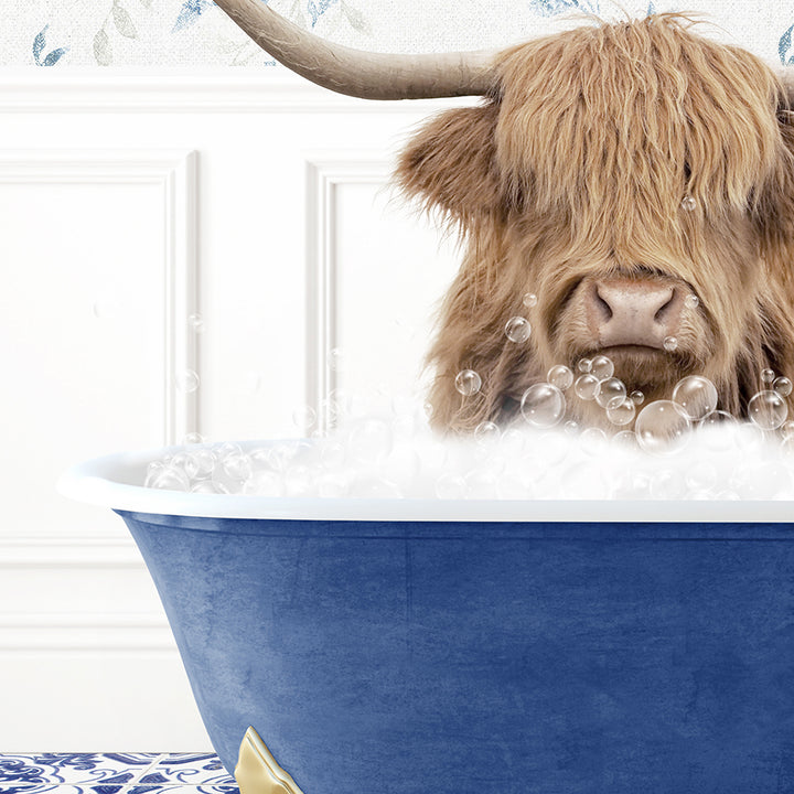 a hairy cow is sitting in a bathtub full of bubbles