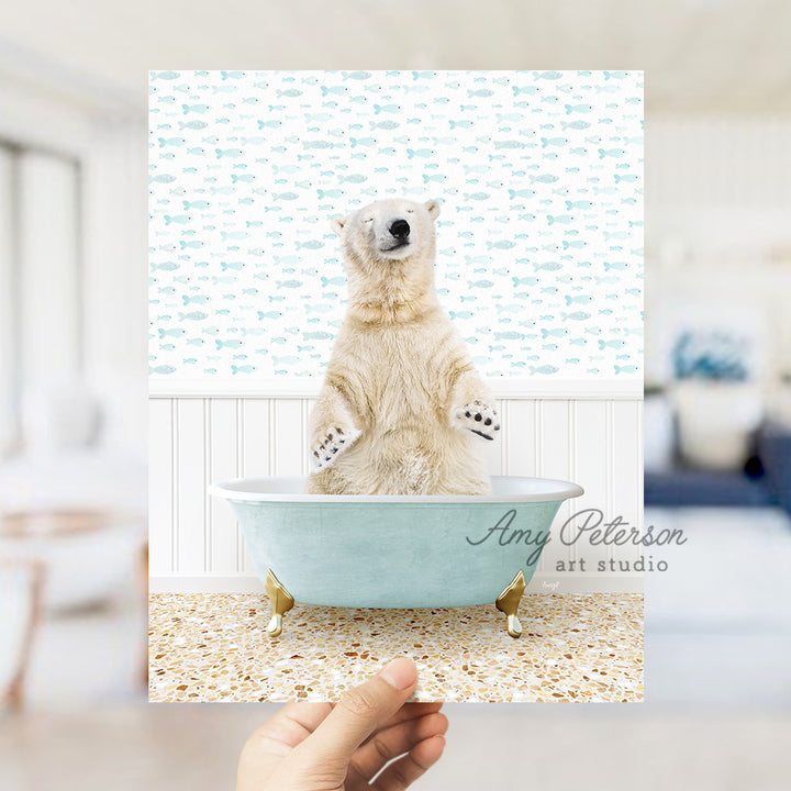 a polar bear sitting in a bath tub