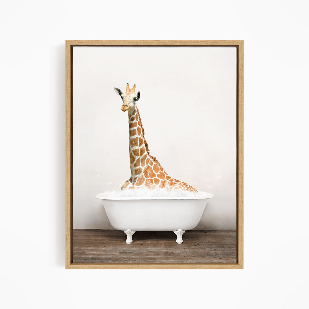 A giraffe sitting in a white bathtub filled with bubbles, creating a whimsical and playful scene.