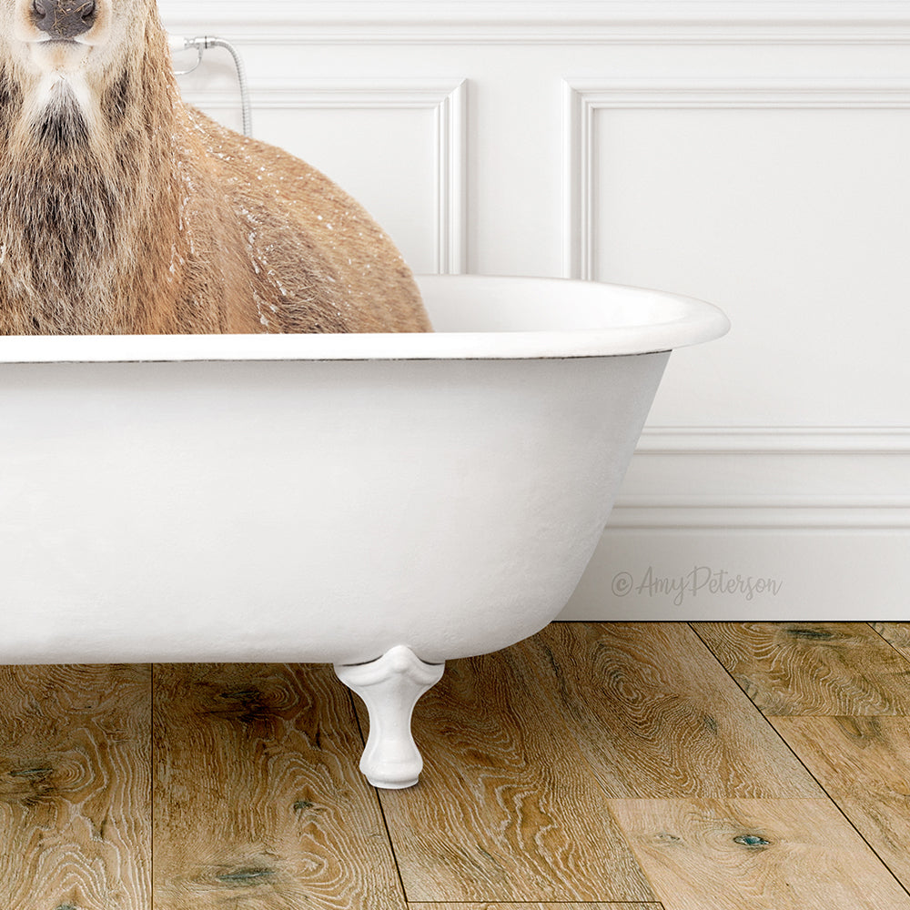 A dog is sitting in a white bathtub, with its head resting on the edge of the tub.
