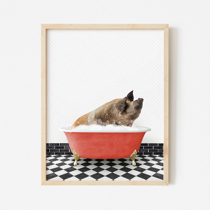 a dog taking a bath in a red bathtub