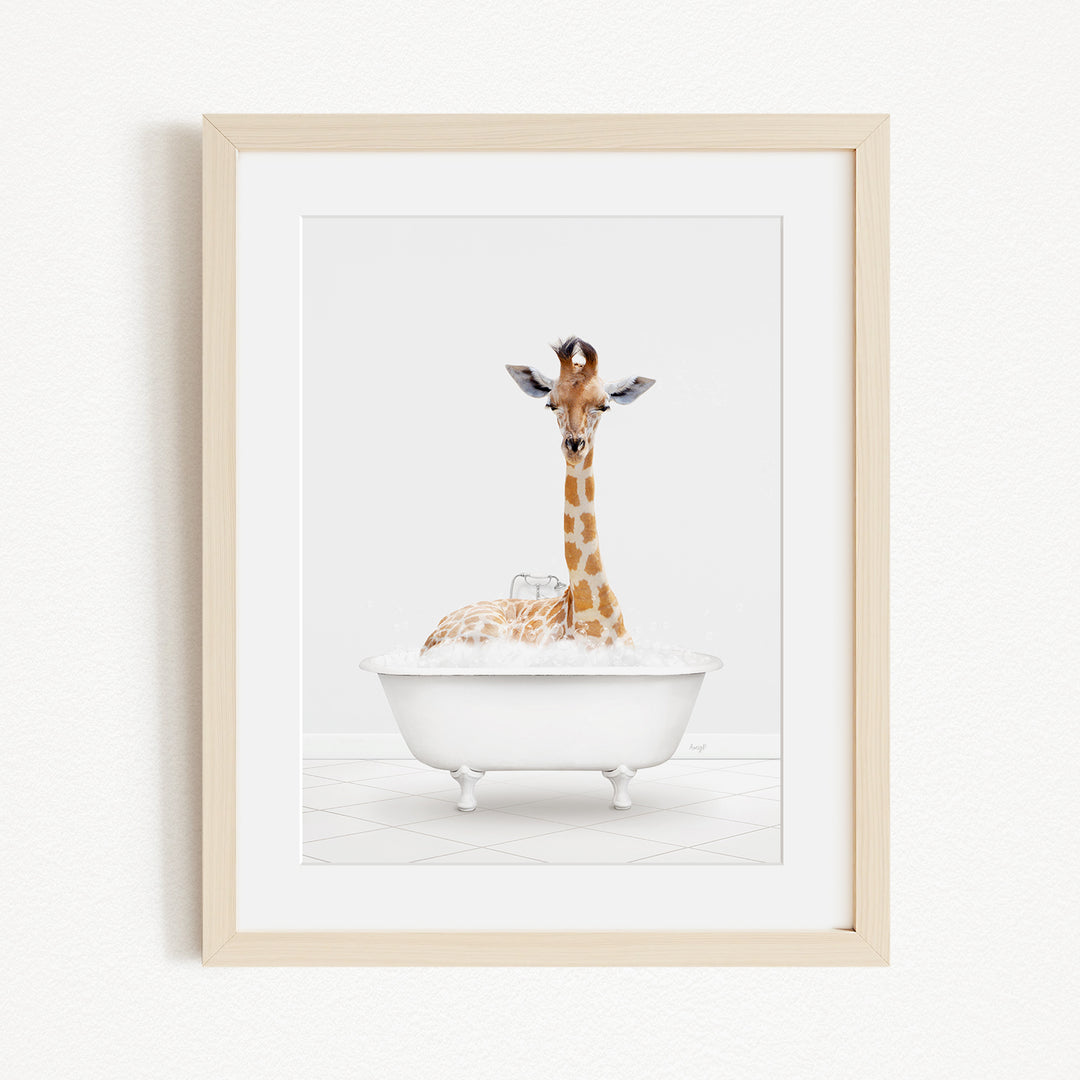 A giraffe sitting in a white bathtub filled with water, creating a whimsical and playful scene.