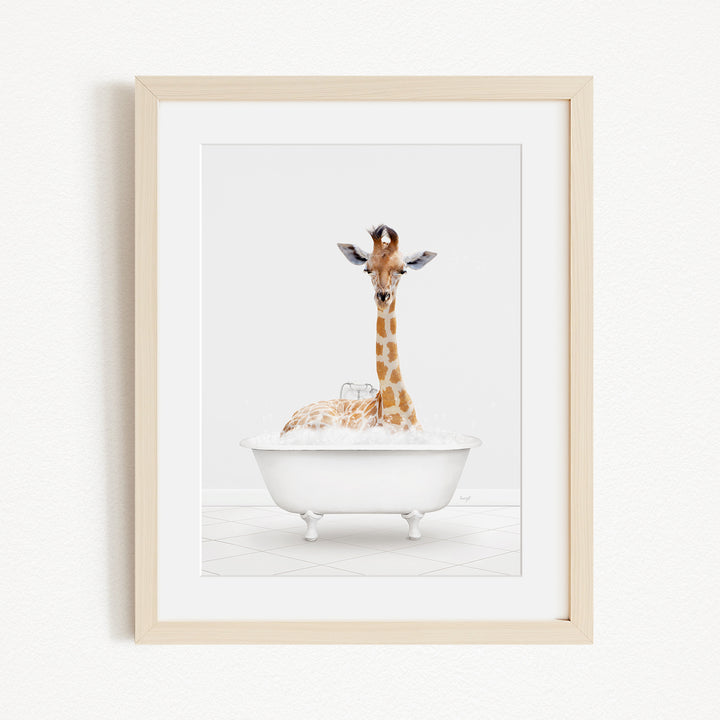 A giraffe sitting in a white bathtub filled with water, creating a whimsical and playful scene.