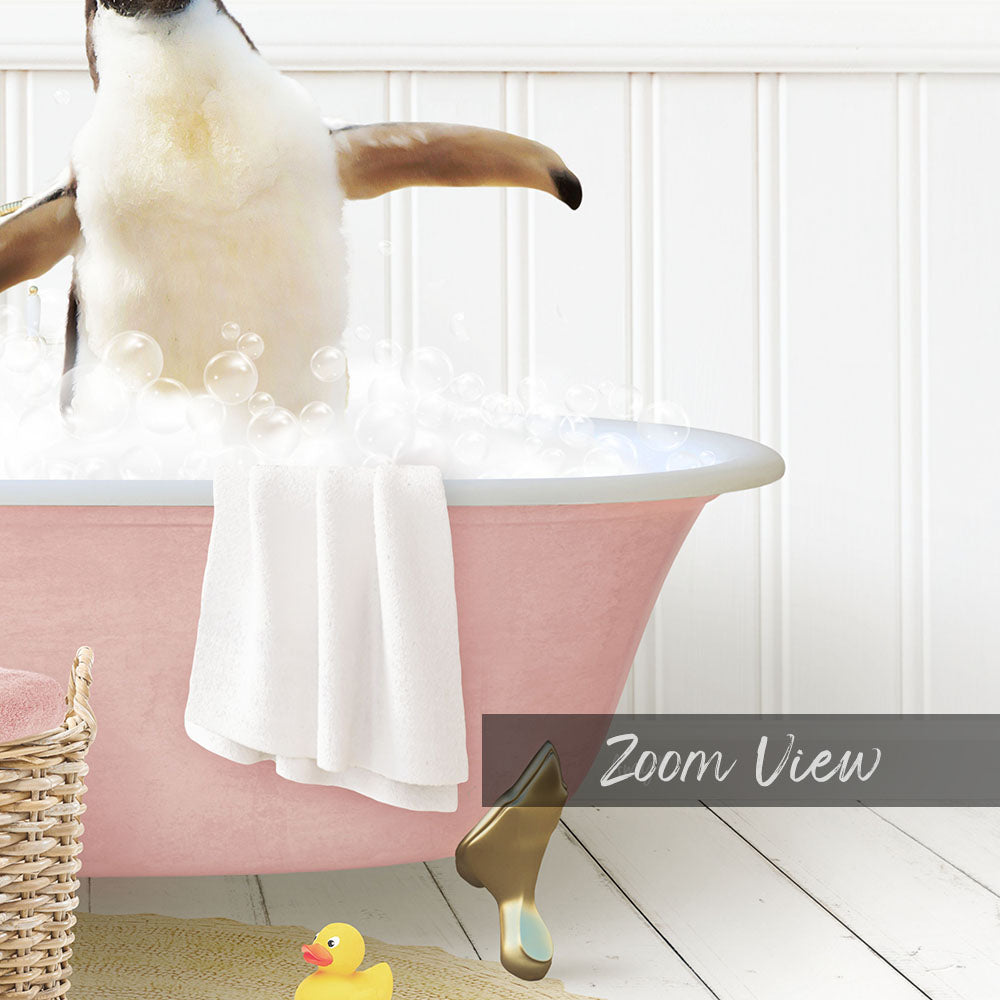 A pink bathtub filled with bubbles, with a penguin standing inside and a yellow rubber duck nearby.