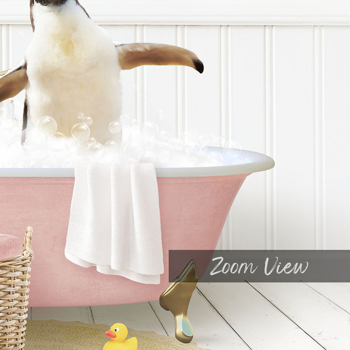 A pink bathtub filled with bubbles, with a penguin standing inside and a yellow rubber duck nearby.