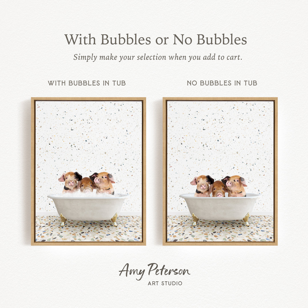 The image is a collage of two framed pictures, each featuring a group of three small animals, likely hamsters, sitting in a bathtub. The text above the images reads "With Bubbles or No Bubbles" and below the images, it says "Simply make your selection when you add to cart."