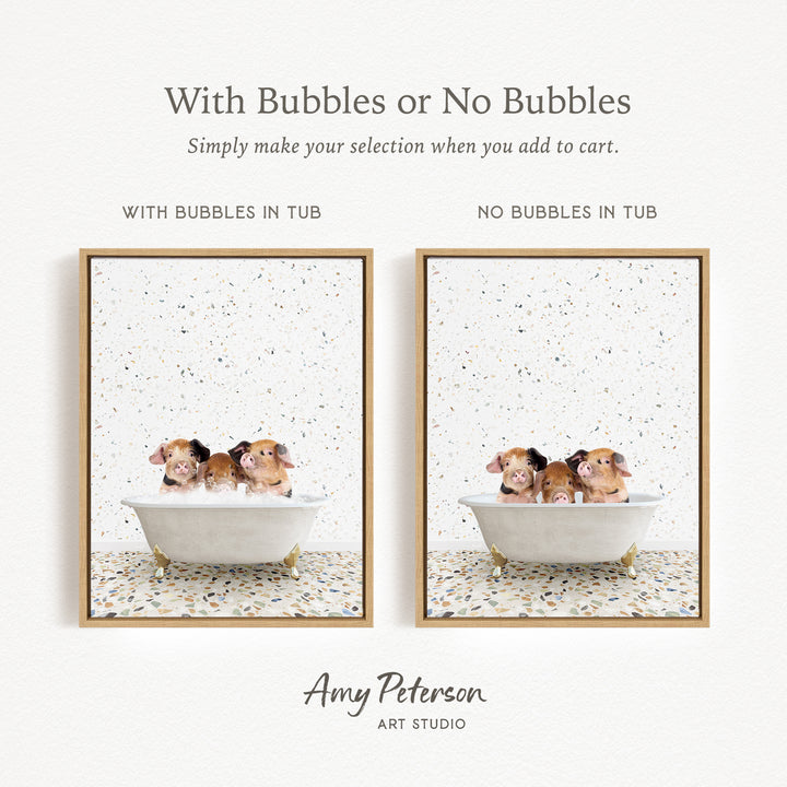 The image is a collage of two framed pictures, each featuring a group of three small animals, likely hamsters, sitting in a bathtub. The text above the images reads "With Bubbles or No Bubbles" and below the images, it says "Simply make your selection when you add to cart."
