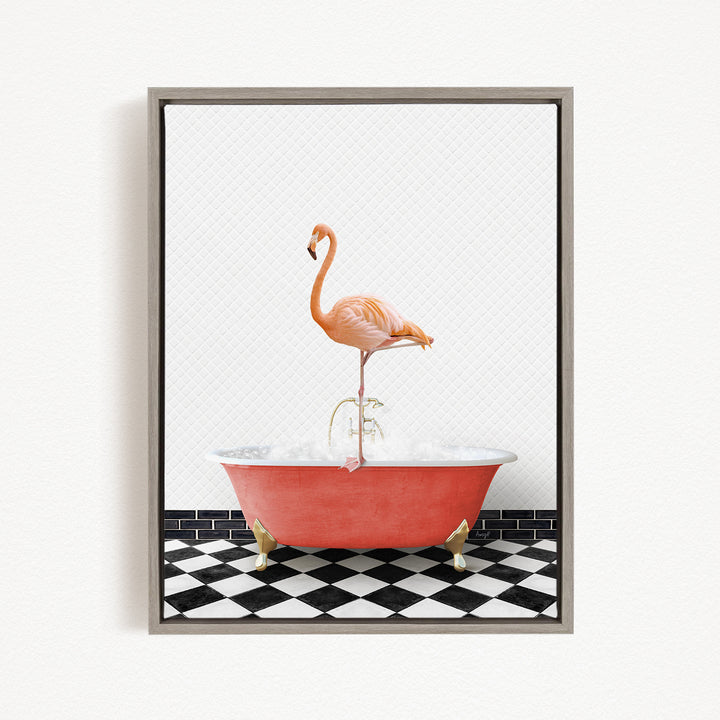 A pink flamingo standing on a red bathtub filled with water, set against a black and white checkered floor.