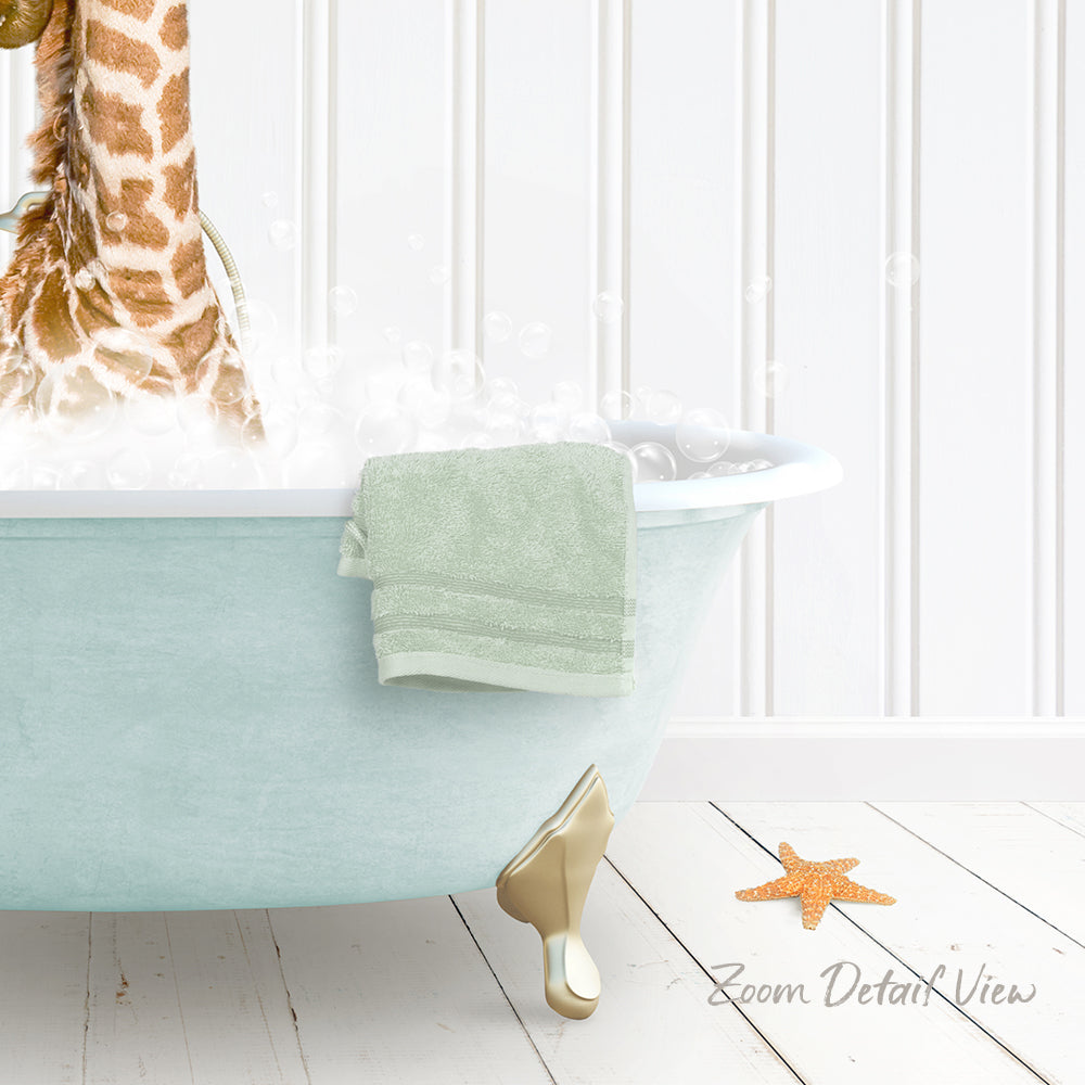 A giraffe standing in a bathtub filled with water, with a towel hanging on the side and a starfish on the floor.