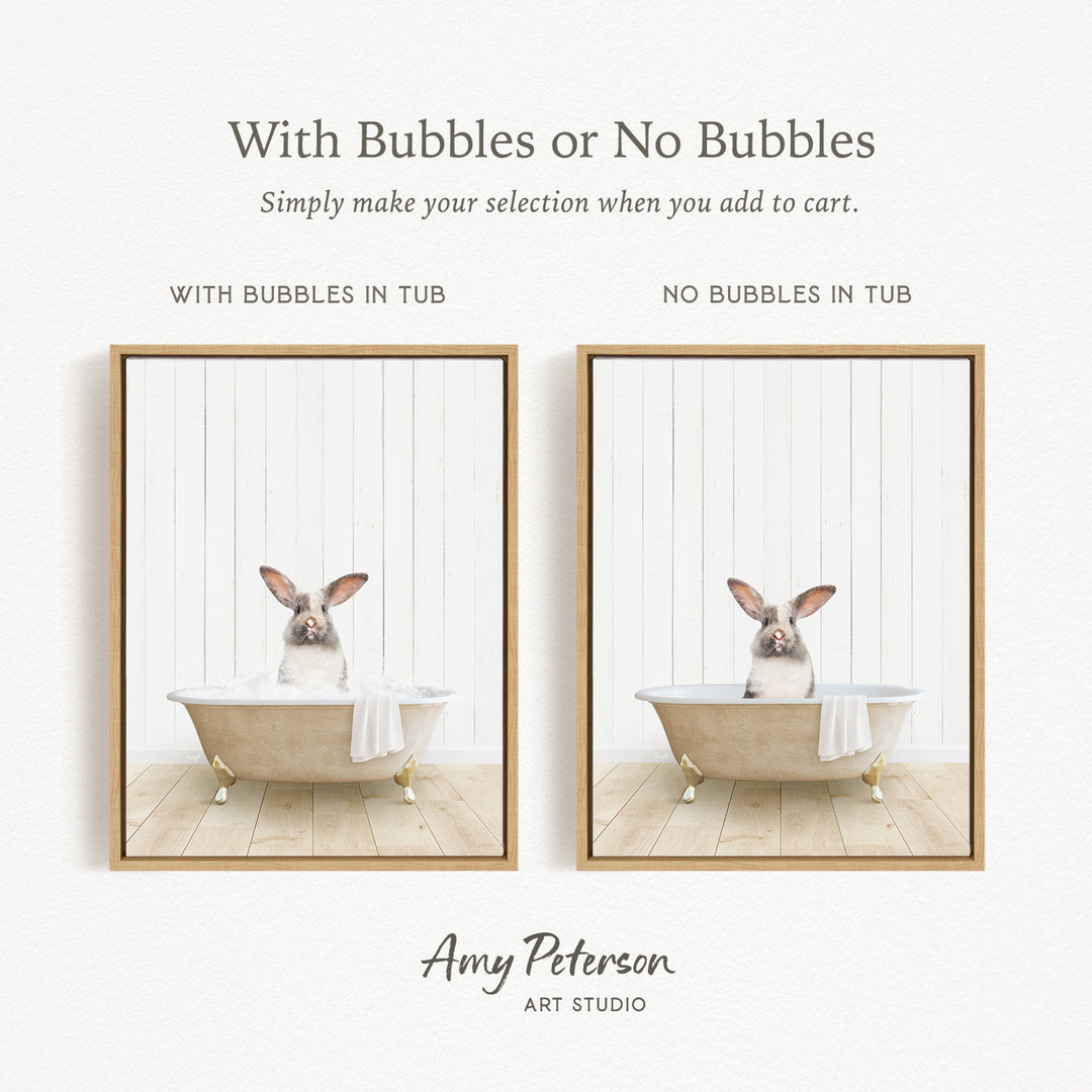 The image is a collage of two pictures, each featuring a rabbit sitting in a bathtub. The rabbit in the bathtub has bubbles, while the rabbit in the tub without bubbles. The collage is titled "With Bubbles or No Bubbles" and is created by Amy Peterson from Art Studio.