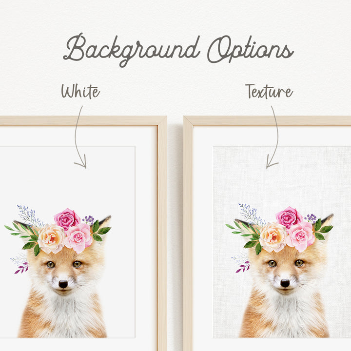 a fox wearing a floral crown, with two framed pictures of the fox with different backgrounds.