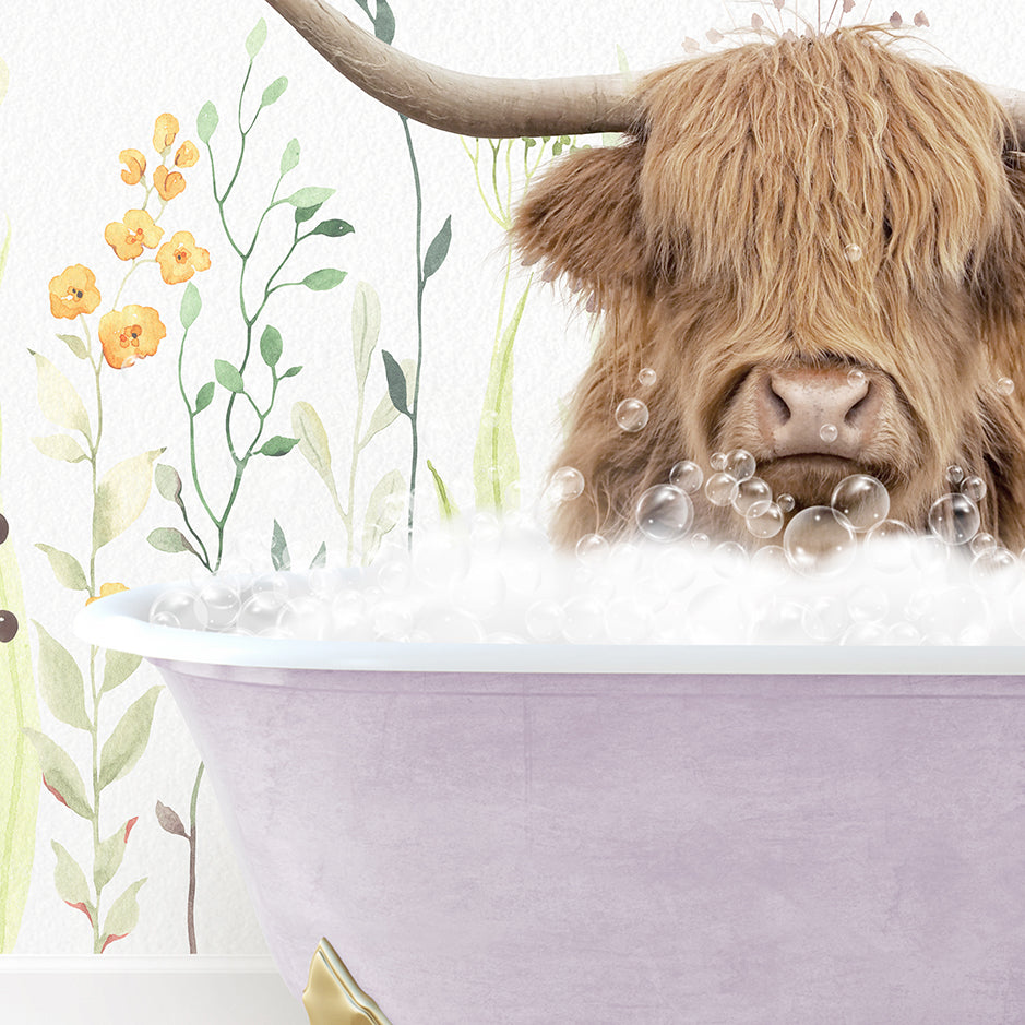 a bull with long horns sitting in a bathtub