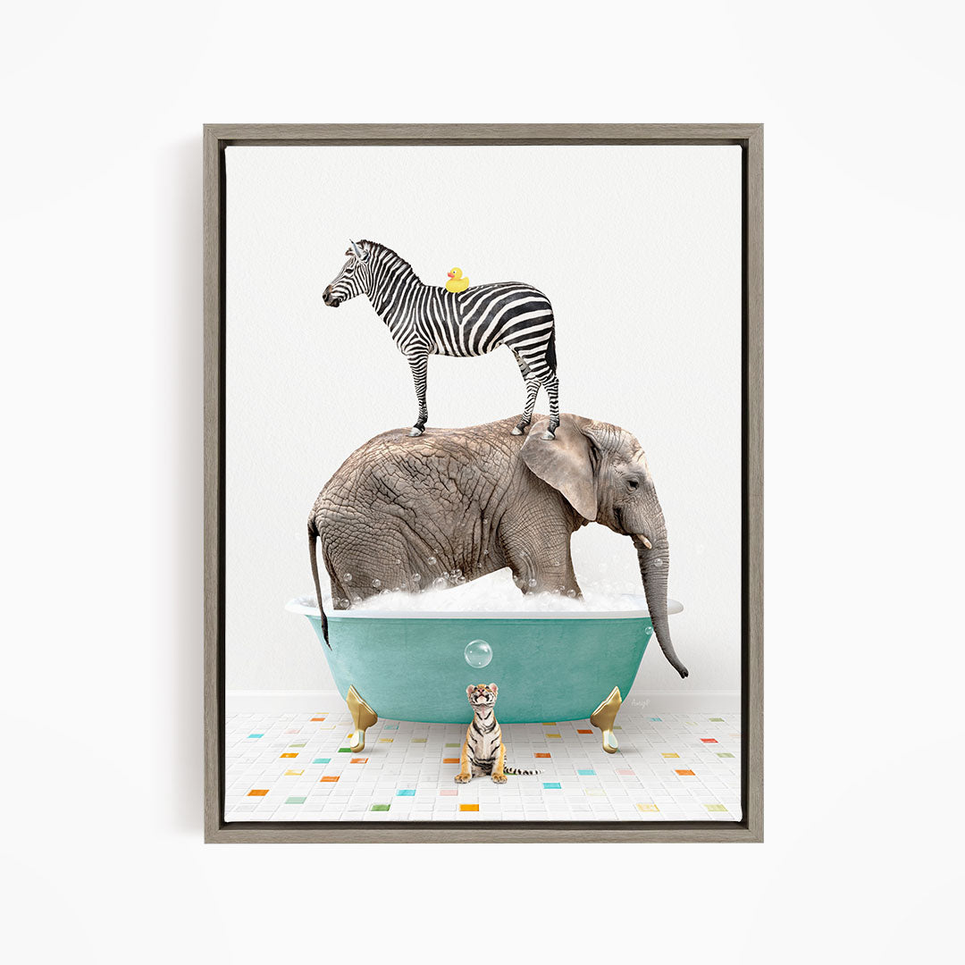 A zebra stands on the back of an elephant, which is submerged in a bathtub, with a small tiger figurine sitting nearby.
