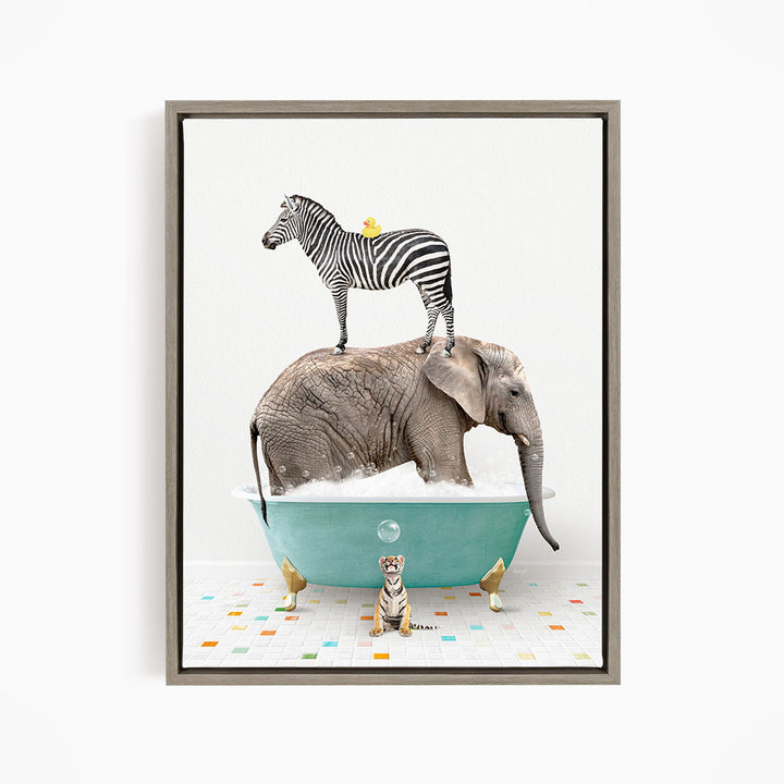 A zebra stands on the back of an elephant, which is submerged in a bathtub, with a small tiger figurine sitting nearby.