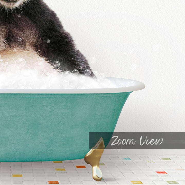 A cat sitting in a green bathtub filled with bubbles, with a gold faucet and a text overlay that reads "Zoom View".