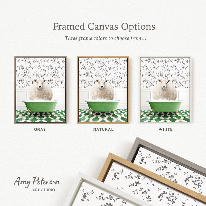 The image is a framed canvas option showcasing three different framed canvas options for a sheep in a bathtub. The options include a gray frame, a natural frame, and a white frame.